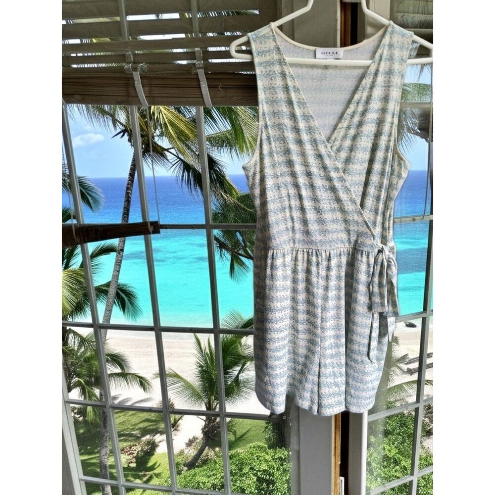 Gilli Green White Striped Sleeveless Tie Waist Scoop Neck Romper Large EUC